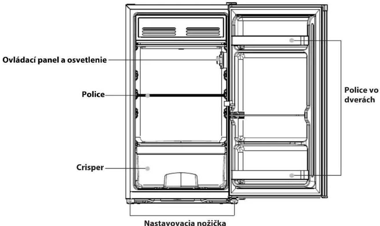 Ovládací panel a osvetlenie Police Crisper Nastavovacia nožička Police vo dverách