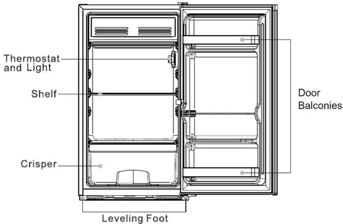 Thermostat and Light Shelf Crisper Door Balconies Leveling Foot