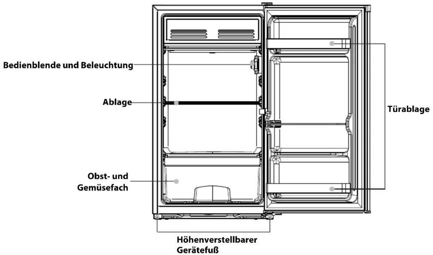 Bedienblende und Beleuchtung Ablage Obst- und Gemüsefach Türablage Höhenverstellbarer Gerätefuß