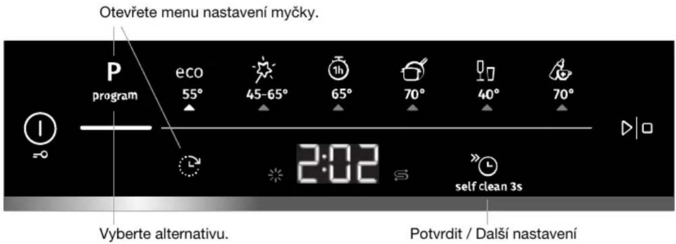 Otevřete menu nastavení myčky. P program eco 55° 45-65° 65° 70° 40° 70° 2:02 self clean 3s Vyberte alternativu. Potvrdit / Další nastavení