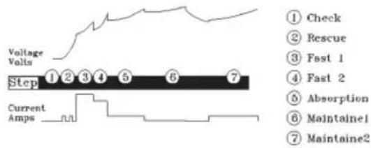 Voltage Volts Step ①②③④⑤⑥⑦ Current Amps __/U/L ① Check ② Rescue ③ Fast 1 ④ Fast 2 ⑤ Absorption ⑥ Maintain1 ⑦ Maintain2