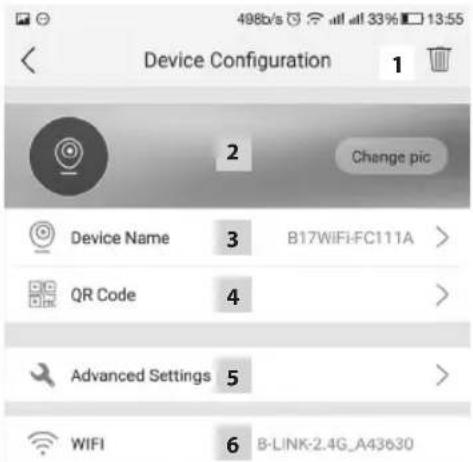 Device Configuration 1 2 Change pic Device Name 3 B17WIFI-FC111A > QR Code 4 > Advanced Settings 5 > WIFI 6 B-LINK-2.4G_A43630