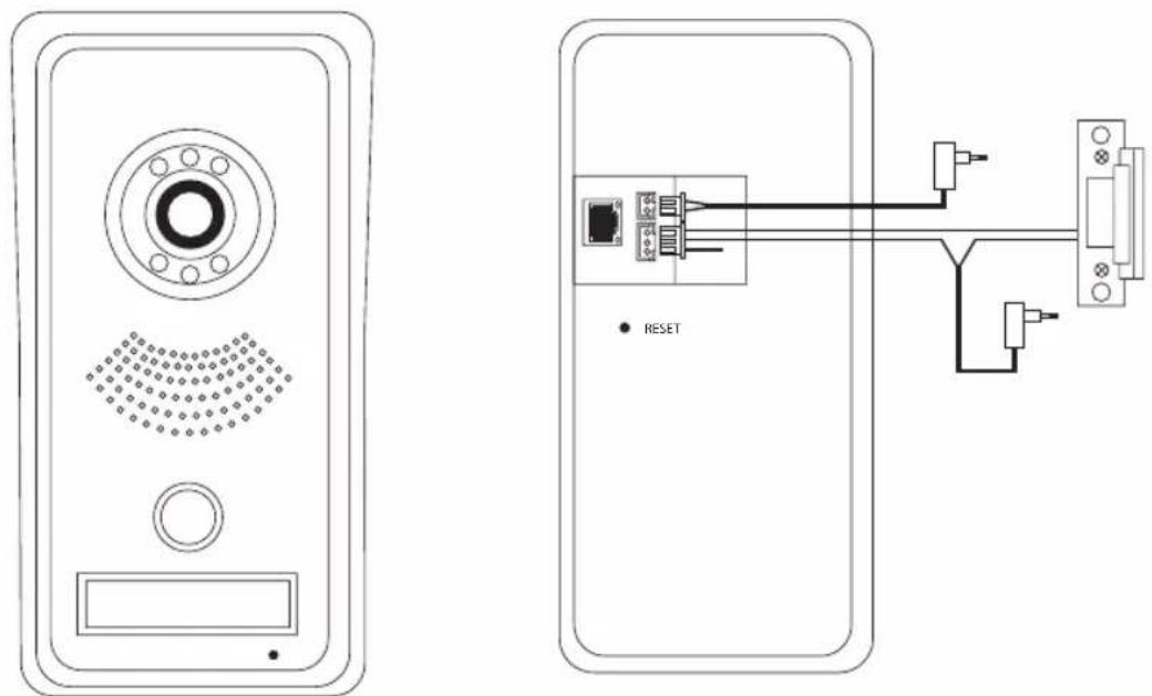 Technical diagram showing two device configurations: one with a circular component and dotted pattern, the other with an RJ4 connector and connected to a switch.