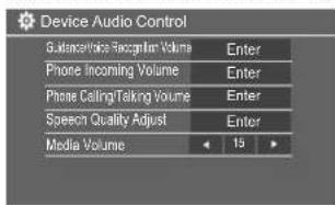 Device Audio Control Balance/Voice Recognition Volume Enter Phone Incoming Volume Enter Phone Calling/Talking Volume Enter Speech Quality Adjust Enter Media Volume 15