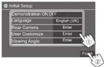 Initial Setup Demonstration ON OFF Language English (UK) Rear Camera Enter User Customize Enter Viewing Angle Enter Finish