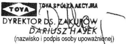 TOYA TOYA SPÓŁKA AKCYRA DYREKTORDS. ZAKUROW DARIUSZ HAYEK (nazwisko i podpis osoby upoważnionej)