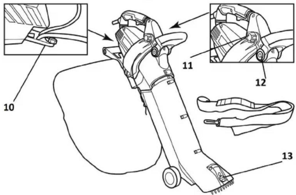 Technical diagram of a mechanical device with labeled parts and close-ups showing internal components
