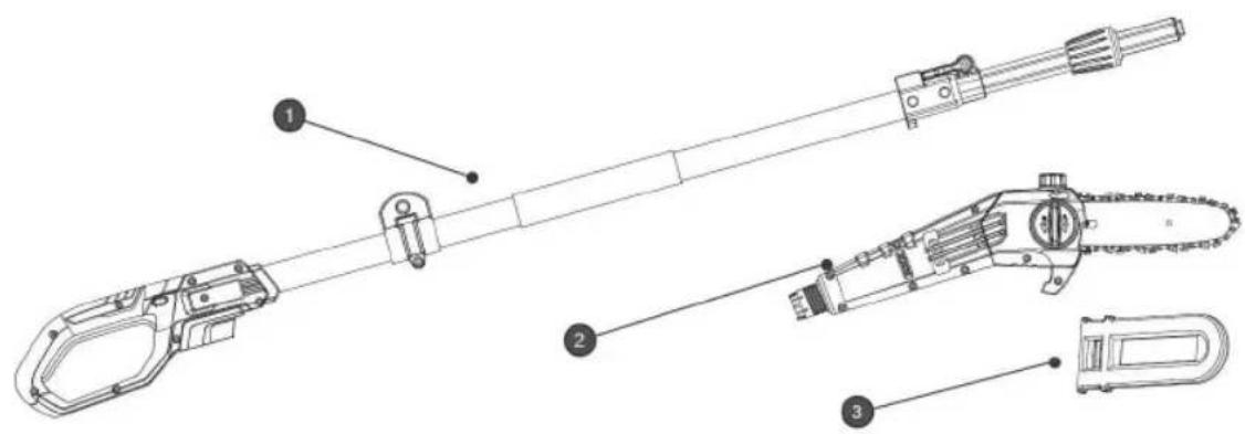 Technical diagram of a mechanical tool with labeled parts including chain, bracket, and clamp components