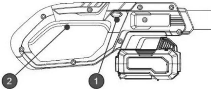 Technical diagram of a mechanical device with labeled parts 1 and 2