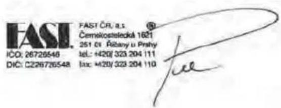 FAST CR. a.s Černékostelecká 1621 251 01: Rábany ú Praty tel.: +420/323 204 111 DIC: C226726548 Tel: +420/323 204 110