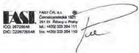 FAST ICÓ: 26726548 DIC: C226726548 FAST ČR. a.s. Černikostelecká 1621 251 čí. Abany u Prahy tel.: +420/323 204 111 lto: +420/323 204 110