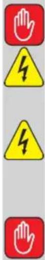 Four safety warning symbols: hand, lightning bolt, warning triangle, and hand icon