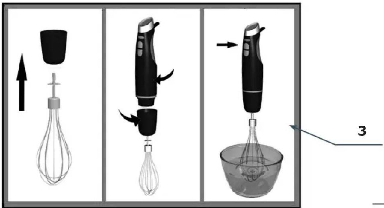 Diagram illustrating a three-step cooking process: mixing a whisk, using a brush, and pouring liquid into a bowl.