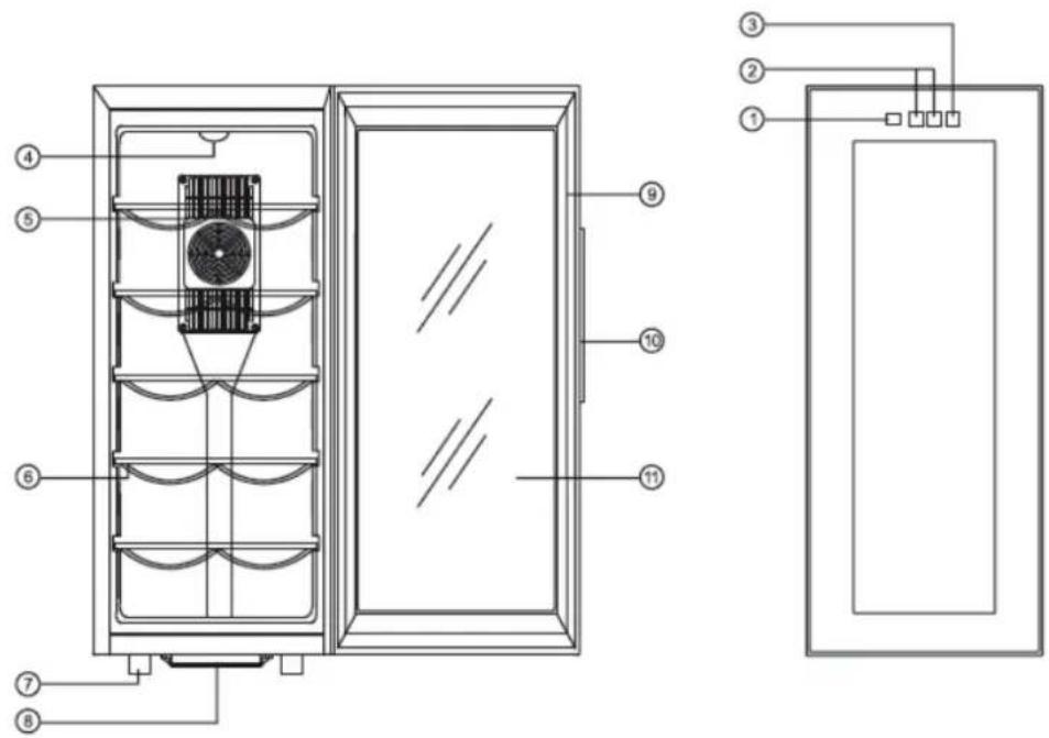Technical diagram of a refrigerator with numbered components and wiring connections