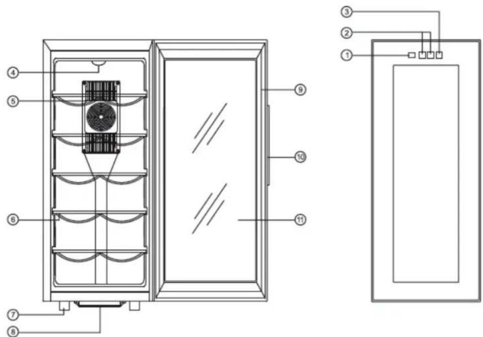 Technical diagram of a refrigerator with numbered components and wiring connections