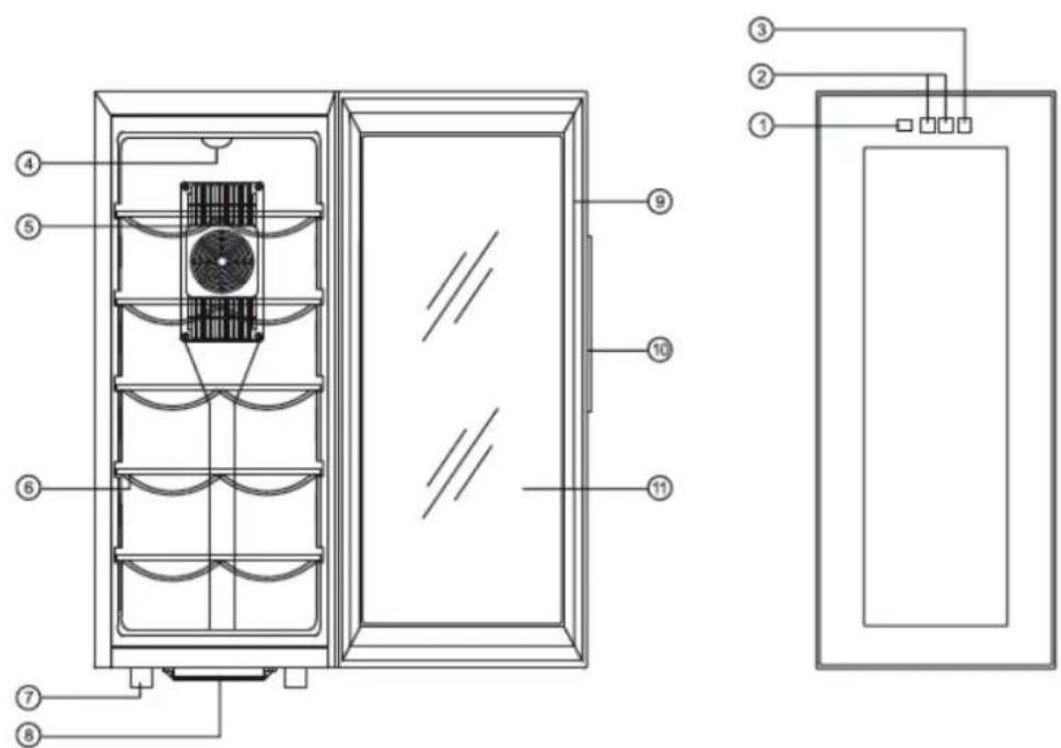 Technical diagram of a refrigerator with numbered components and wiring connections