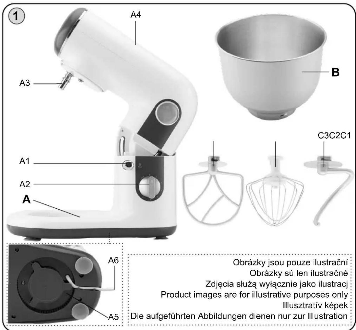 Product diagram showing a kitchen mixer with labeled parts and a wire mesh for model assembly.