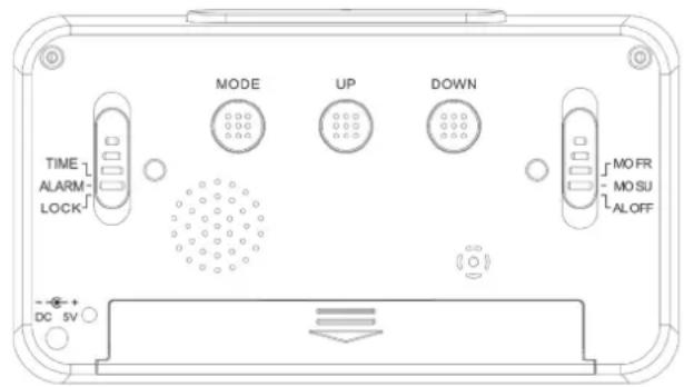 TIME ALARM- LOCK MODE UP DOWN MO FR MO SU AL OFF DC 5V