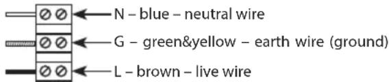N - blue - neutral wire G - green&yellow - earth wire (ground) L - brown - live wire