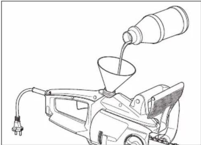 Line drawing of a mechanical device with a funnel pouring liquid into a bottle (no text or symbols)