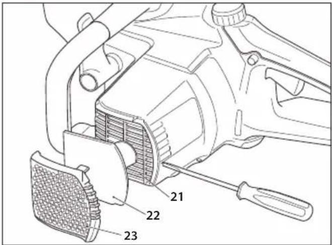 Technical diagram of a mechanical device with numbered parts labeled 21, 22, and 23