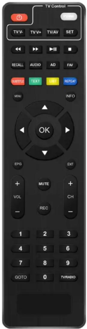 TV Control TV V- TV V+ TV/AV SET RECALL AUDIO AD FAV SUBTITLE TEXT LIST REPEAT MENU INFO OK EPG EXIT + MUTE + VOL CH - REC 1 2 3 4 5 6 7 8 9 GOTO 0 TV/RADIO