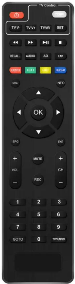 TV Control TV V- TV V+ TV/AV SET RECALL AUDIO AD FAV SUTITLE TEXT LIST REPEAT MENU INFO OK EPG EXIT + MUTE + VOL CH - REC - 1 2 3 4 5 6 7 8 9 GOTO 0 TV/RADIO