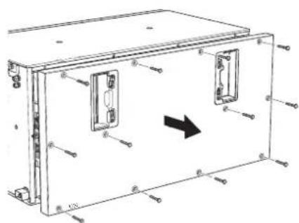Technical line drawing of a mechanical enclosure with internal components and a directional arrow (no text or symbols)