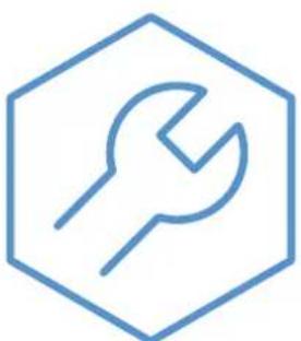 Blue line icon of a wrench inside a hexagon (no text or symbols)