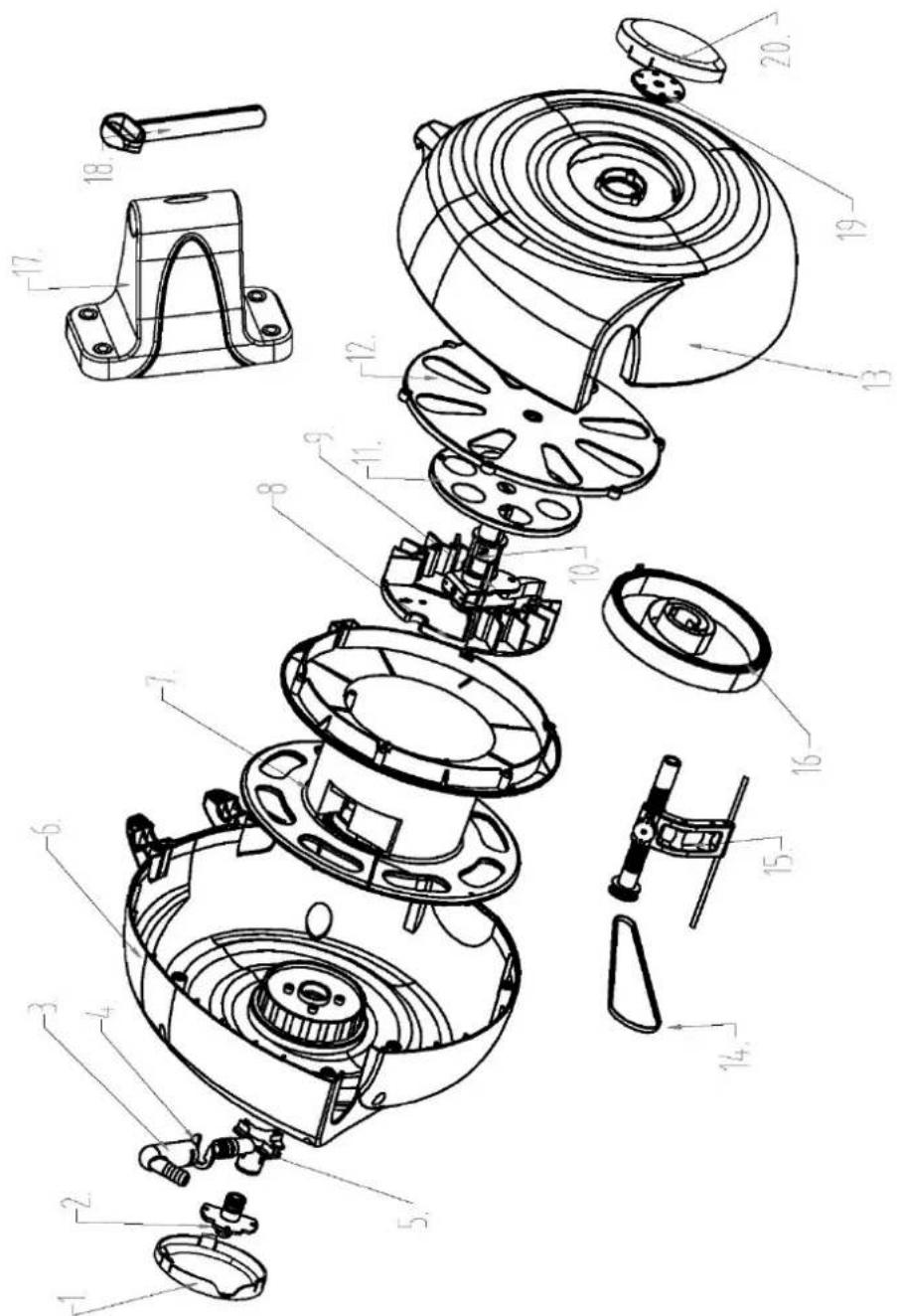 Exploded view diagram of a mechanical device with numbered parts for identification