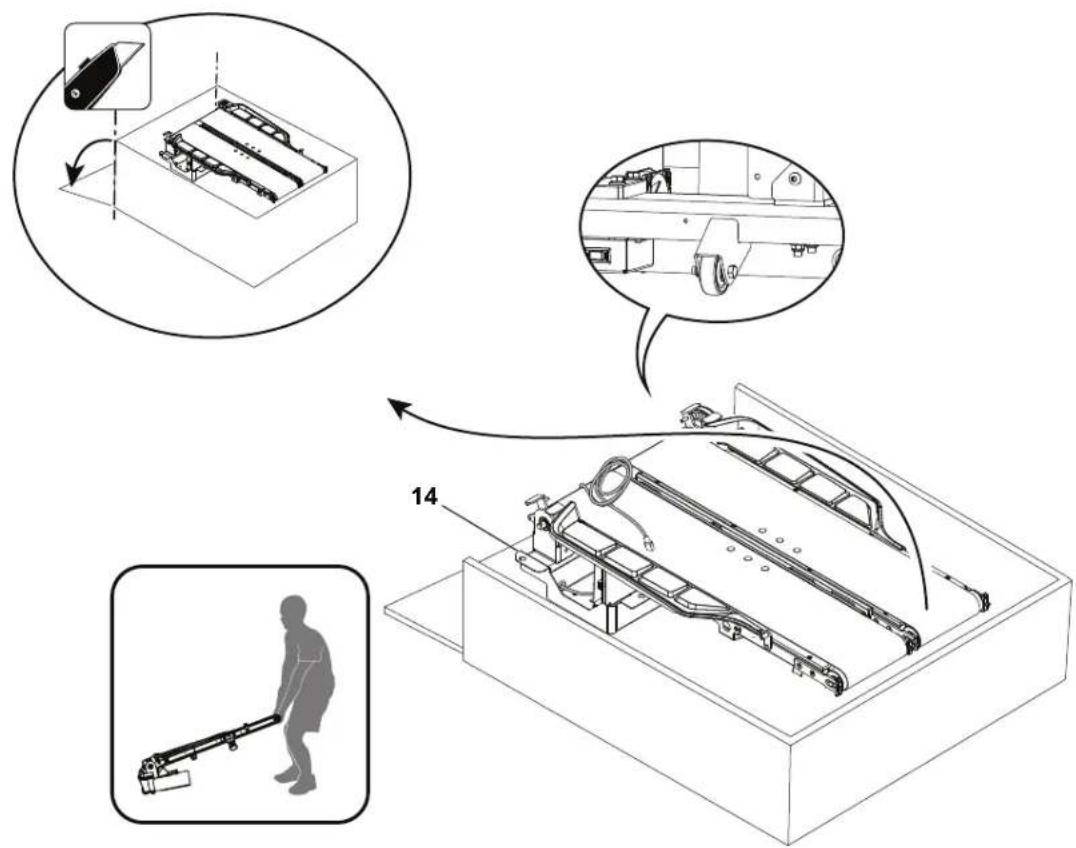 Technical diagram illustrating a mechanical assembly with labeled components and a close-up of a person using a device.