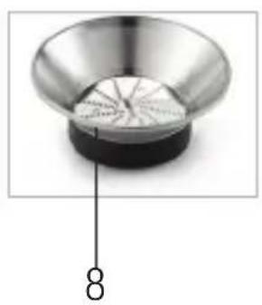 Close-up of a metallic bowl with a circular lid and internal segments, labeled '8' at the bottom (no other text or symbols)