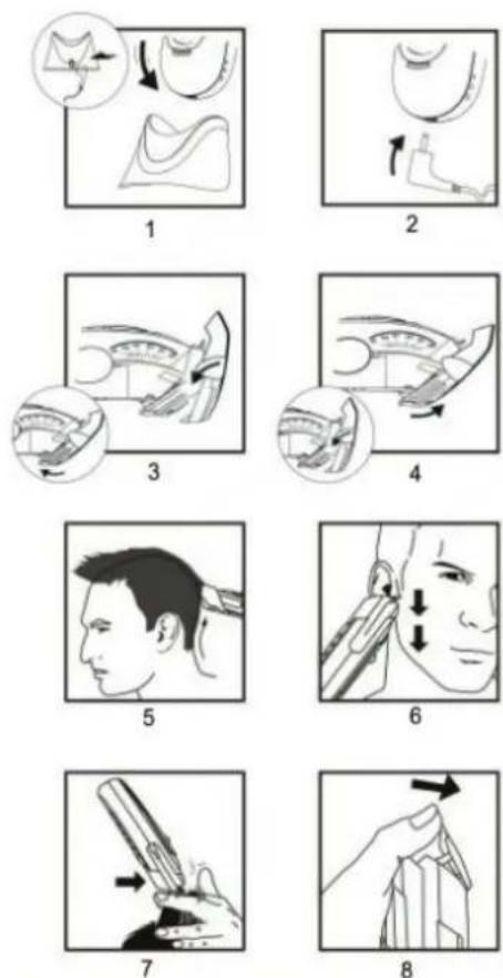 Illustrated guide showing eight sequential steps of a garment or sewing technique, labeled 1 through 8.
