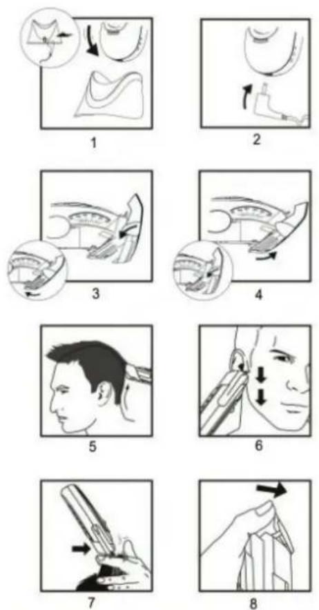 Illustrated guide showing eight sequential steps of a hairpin or garment application, from opening to cutting.