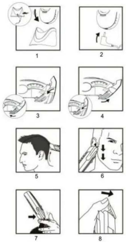 Illustrated guide showing eight sequential steps of hair styling or hair cutting technique, labeled 1 through 8.