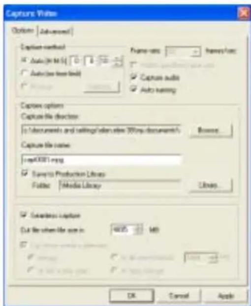 Capture Image Options | Advanced | Capture format Auto (H M S) 0 1 2 3 4 Auto (see from field) Capture audio Auto saving Capture options Capture file directory: to documents and settings/delaware sites (80+ map documents) Capture file name: repX001.msg Save to Production Library Futier Media Library…