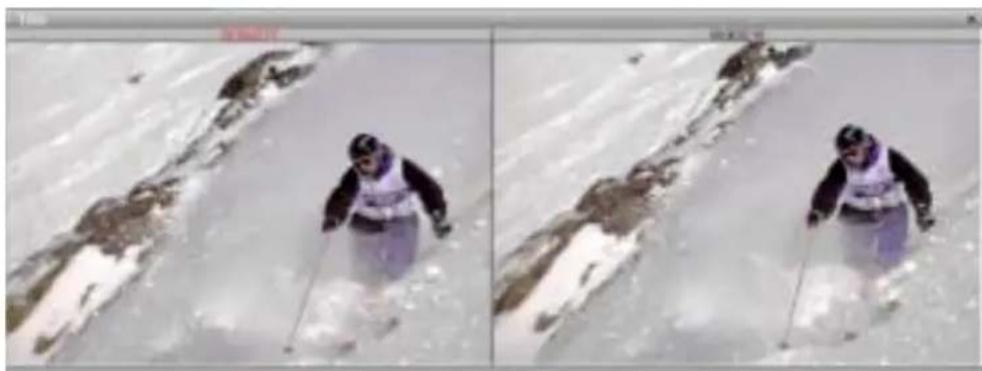 Two side-by-side photos of a skier in action on snowy terrain, captured from different angles (no text or symbols visible)