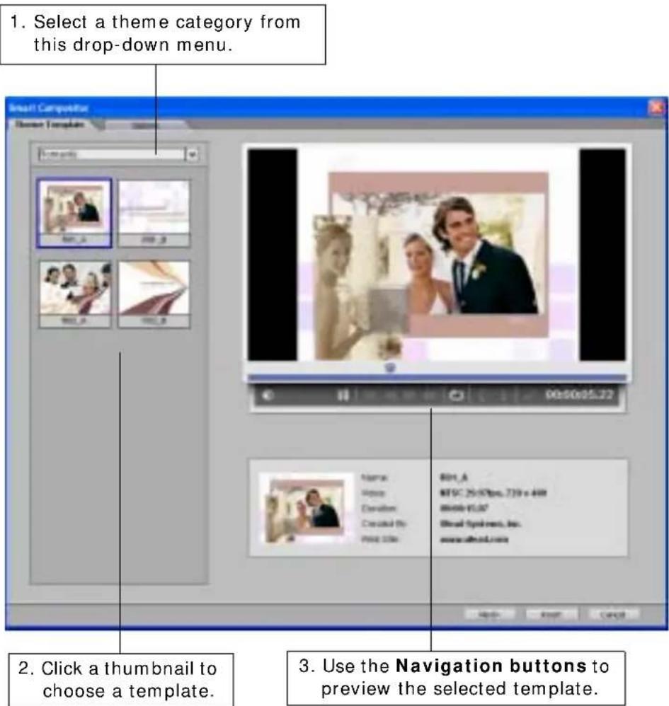 1. Select a theme category from this drop-down menu. 2. Click a thumbnail to choose a template. 3. Use the Navigation buttons to preview the selected template.