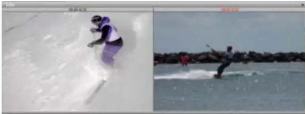 Two-panel image showing a person skiing on a snowy surface and another person skating on the beach with rocky background (no text or symbols)