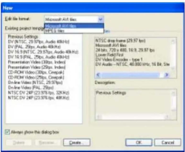 Edit file format: Microsoft AVI files Microsoft AVI files Existing project templates NTSC 6.0 files Previous Settings DV (NTSC, 29.97fps, Audio 48kHz) DV (PAL, 25fps, Audio 48kHz) DV 16.9 (NTSC, 29.97fps, Audio 48kHz) DV 16.9 (PAL, 25fps, Audio 48kHz) Presentation Video (30fps, Index) Presentation V…