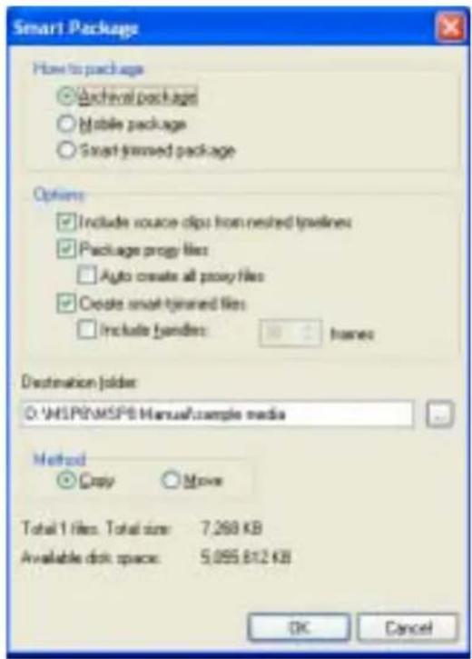 Smart Package How to package ● Archive package ○ Mobile package ○ Smart fanised package Options ✓ Include source clips from nested timelines ✓ Package proxy files □ Auto create all proxy files ✓ Create smart fanised files □ Include folders: 100 frames Destination folder: ○ UHSPE/MSPB Manual/sample m…