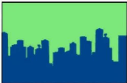 Silhouette of a city skyline against a solid green background (no text or symbols)