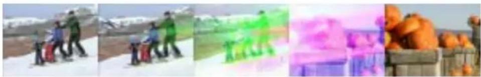 Collage of five outdoor scenes: people walking in snowy mountains, green figures in a field, colorful boxes with purple and pink hues, and orange crates (no visible text or symbols)