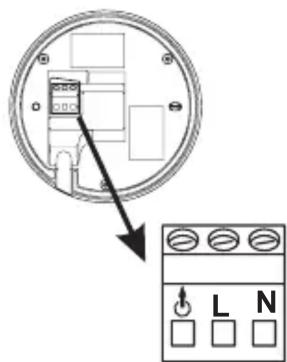 Diagram showing a circular component with internal components and an electrical switch panel labeled L and N
