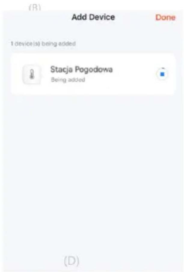 (B) Add Device Done 1 device(s) being added Stacja Pogodowa Being added (D)