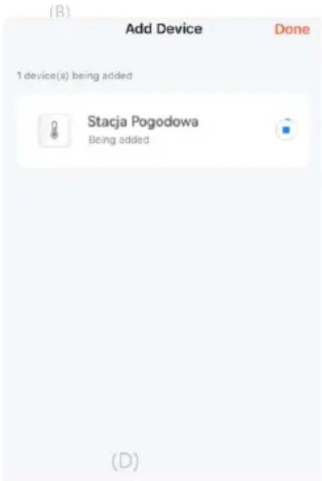 (B) Add Device Done 1 device(s) being added Stacja Pogodowa Being added (D)
