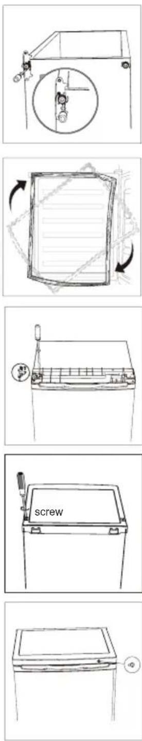 Technical diagram showing five different components of a machine or appliance, including a screw and a circular component with directional arrows.