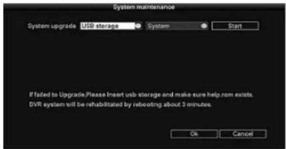 System maintenance System upgrade USB storage System Start If failed to Upgrade, Please insert usb storage and make sure help.com exists. DVR system will be rehabilitated by rebooting about 3 minutes. Ok Cancel