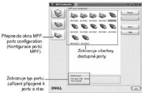 MPF Configuration MPF ports configuration Přepne do okna MPF ports configuration (Korfigurace portů MPF). Zobrazuje všachny dostupné portu. Zobrazuje typ portu. zařízení připojené k portu a stav. Zobrazuje port Port base USB Open Port to continue