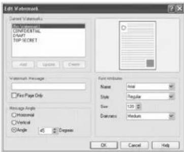 Edit Textmark Select Textmarks Open Textmarks CONFIDENTIAL DRAFT TOP SECRET Add Update Down Textmark Message Free Page Only Message Angle Horizontal Vertical Angle 45° Degree Font dimensions Name: None Style: Regular Size: 120 Brightness: Medium OK Cancel Help